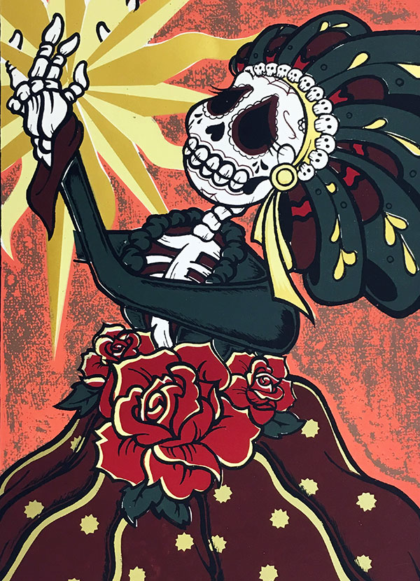 an illustration of a skeleton in a dark dress with large roses around its waist